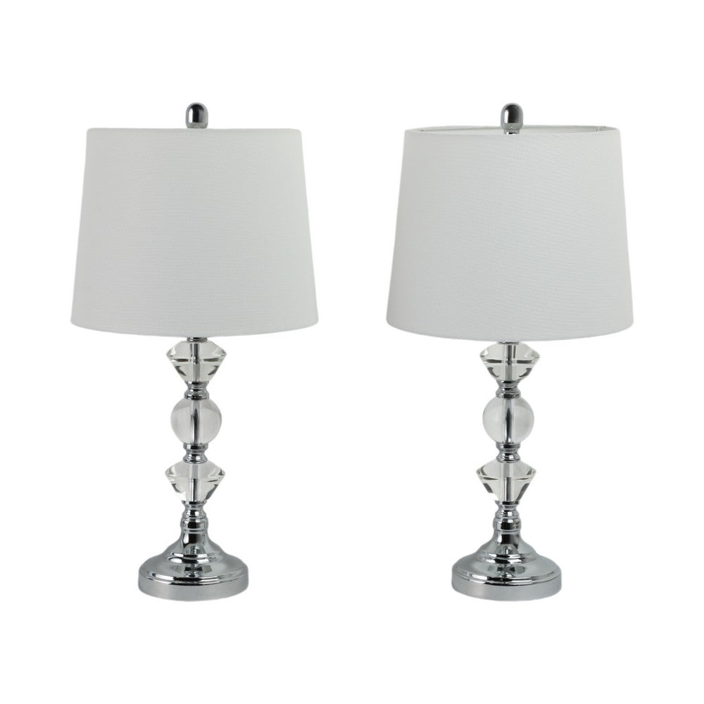 Table Lamp Set of 2 | White Linen Shade | Crystal Candlestick | Silver