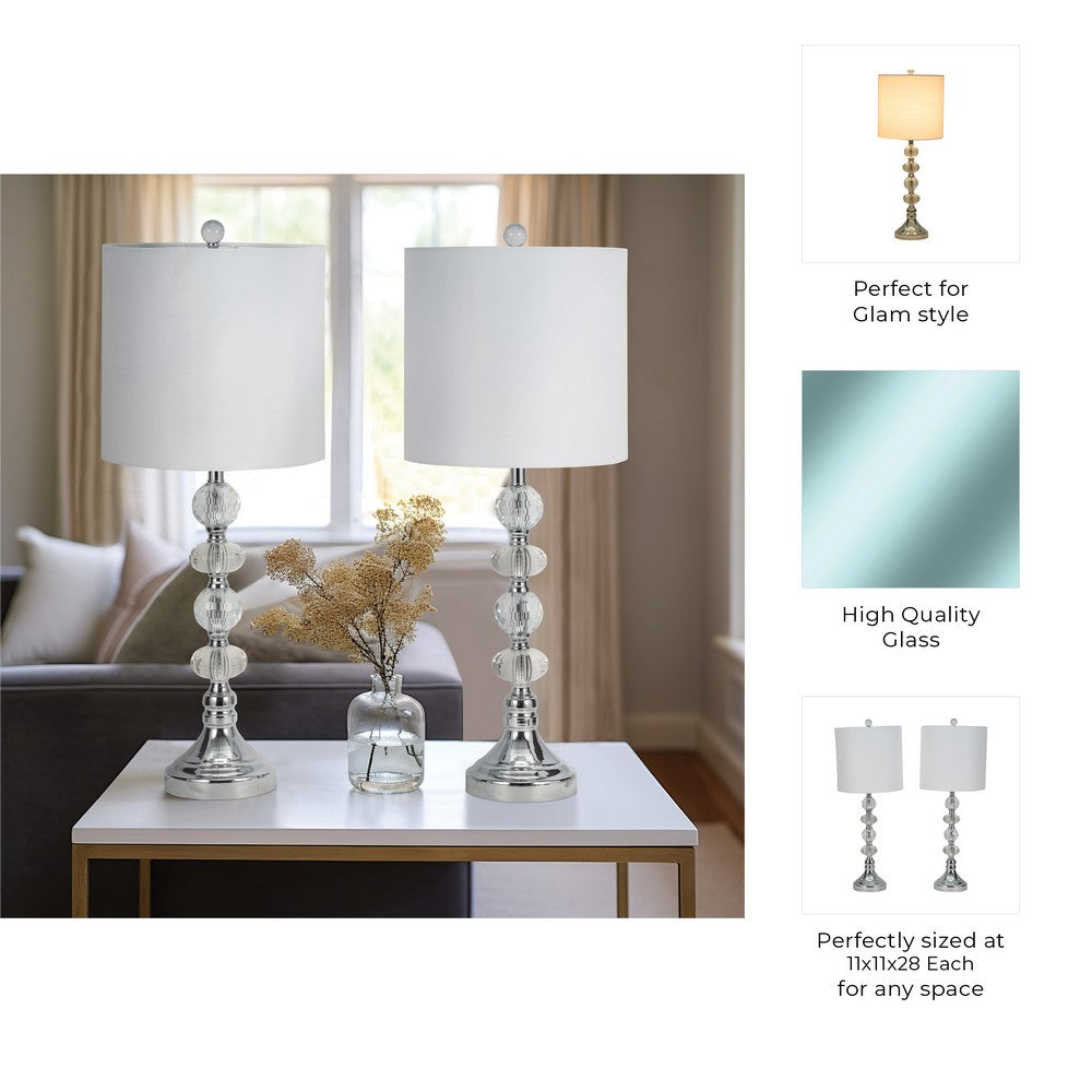 Accent Table Lamp Set of 2 | 11" White Drum Shade | Crystal | Steel Base