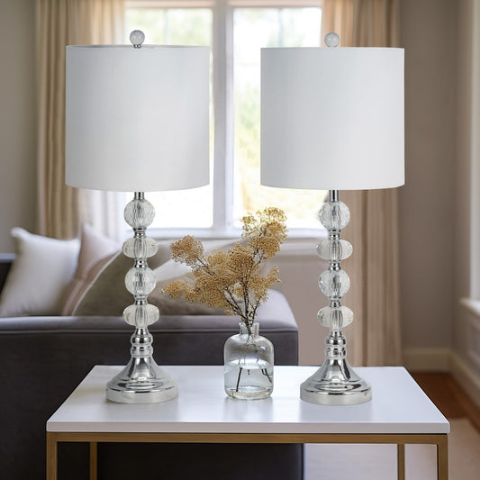 Accent Table Lamp Set of 2 | 11" White Drum Shade | Crystal | Steel Base