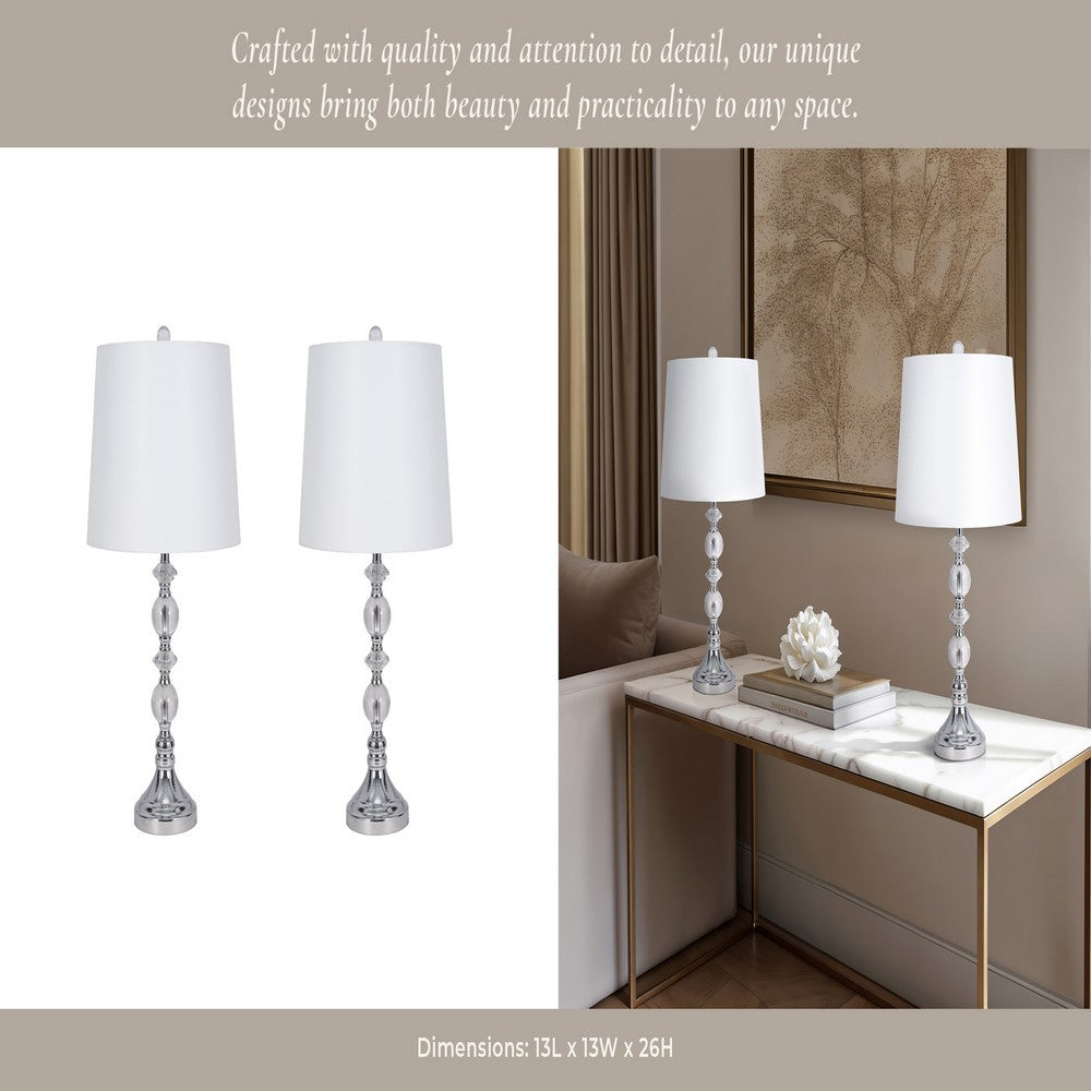 Maxx Table Lamps Set of 2 | White Linen Shades | Silver Crystal-Steel 26"