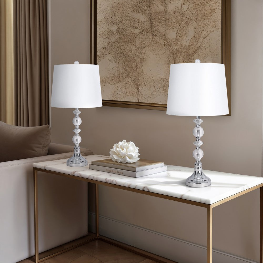 Maxx Table Lamps Set of 2 | White Linen Shades | Silver Crystal-Steel 26"