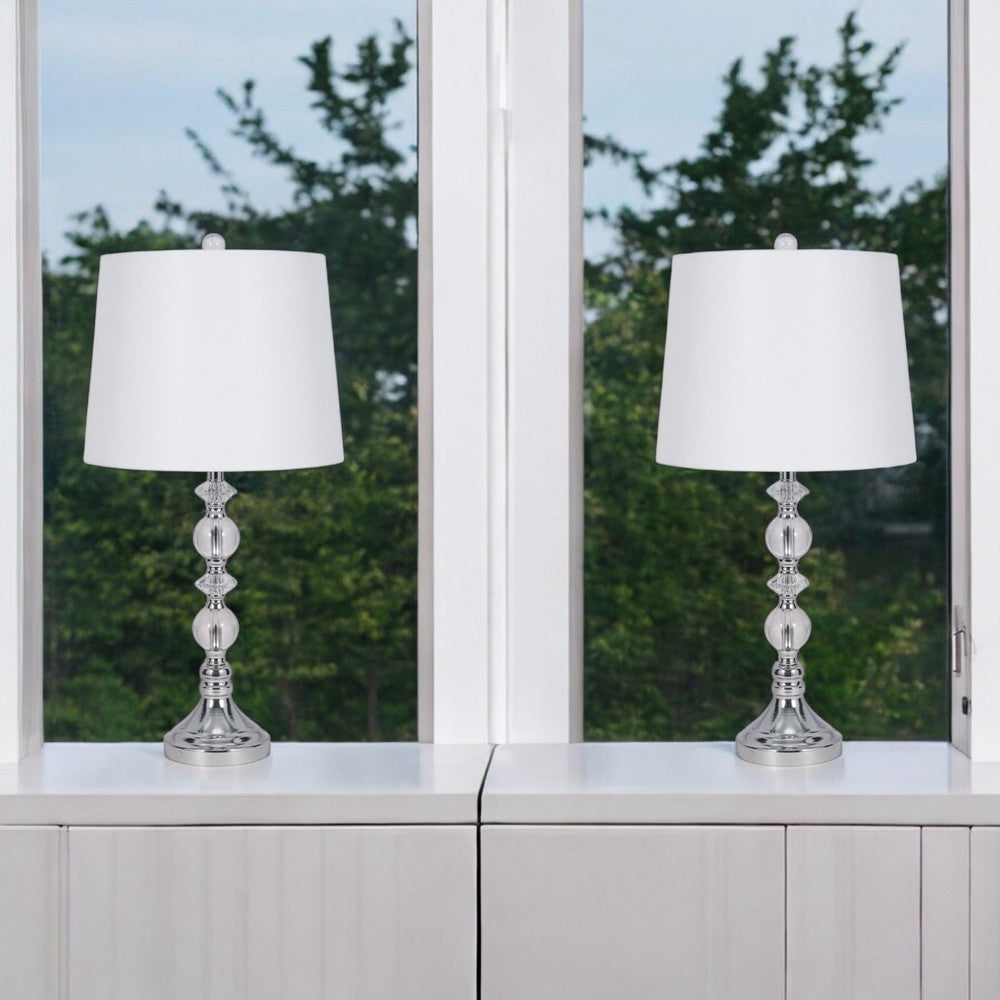 Maxx Table Lamps Set of 2 | White Linen Shades | Silver Crystal-Steel 26"