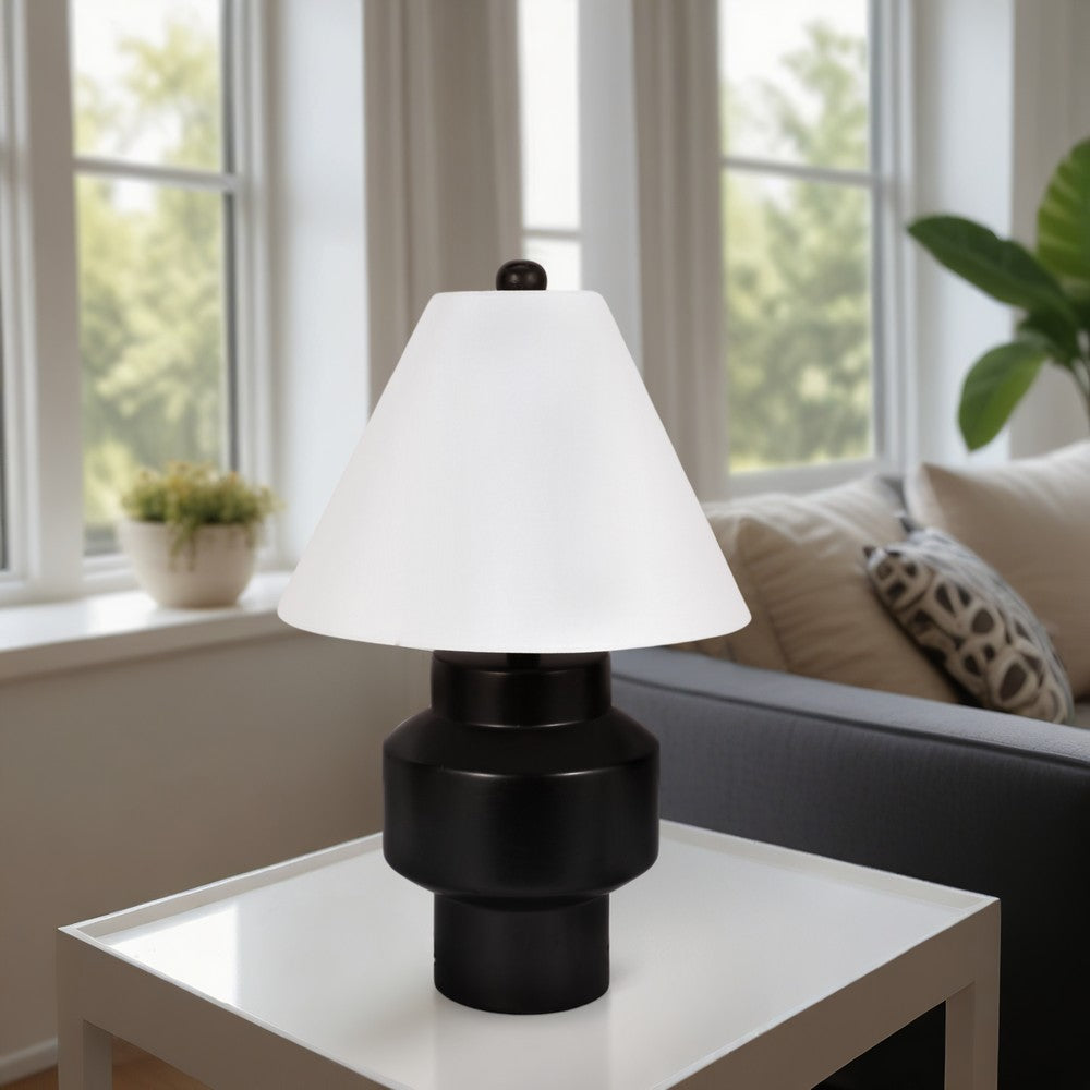 Table Lamp | White Tapered Shade | 22" Black Ceramic Sculptural Base