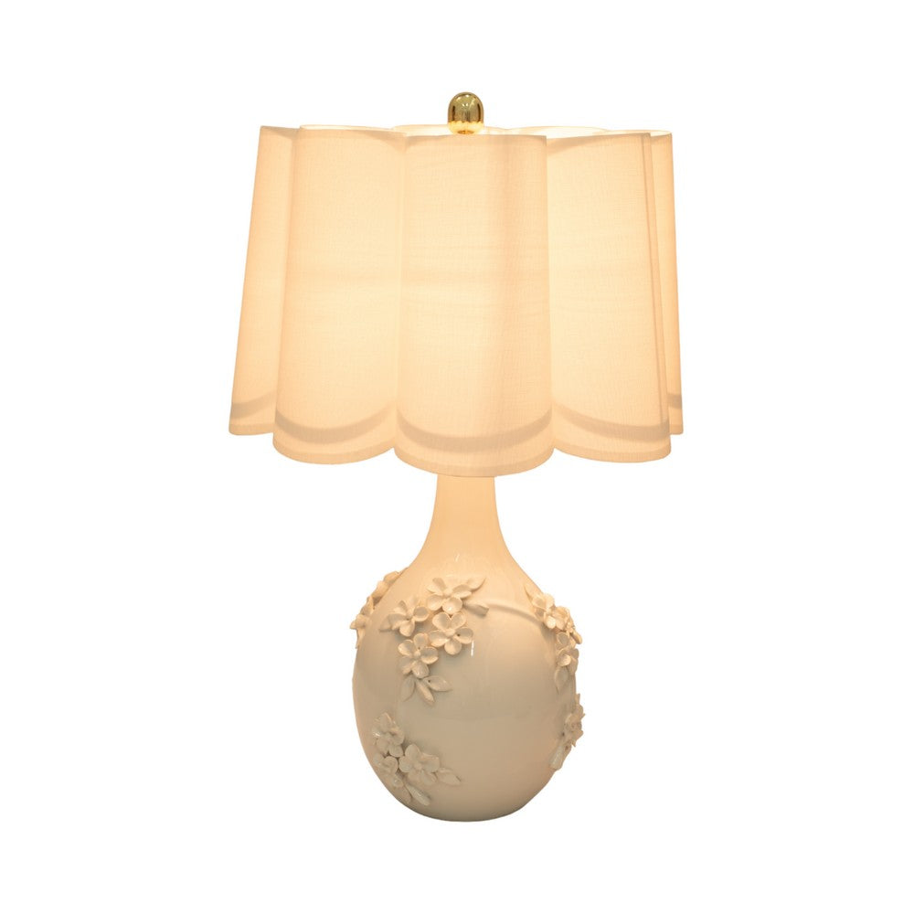 Table Lamp | Scalloped Shade | 25" Floral Applique Ivory Ceramic