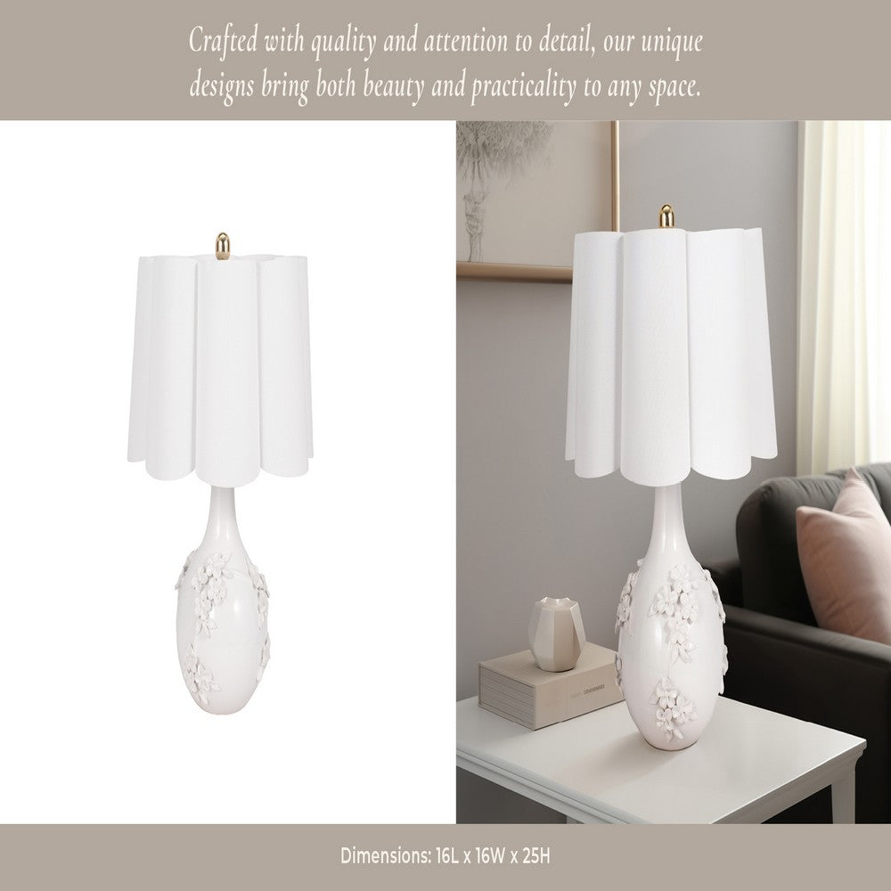 Table Lamp | Scalloped Shade | 25" Floral Applique Ivory Ceramic