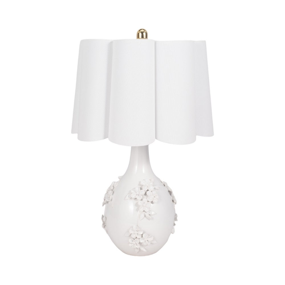 Table Lamp | Scalloped Shade | 25" Floral Applique Ivory Ceramic