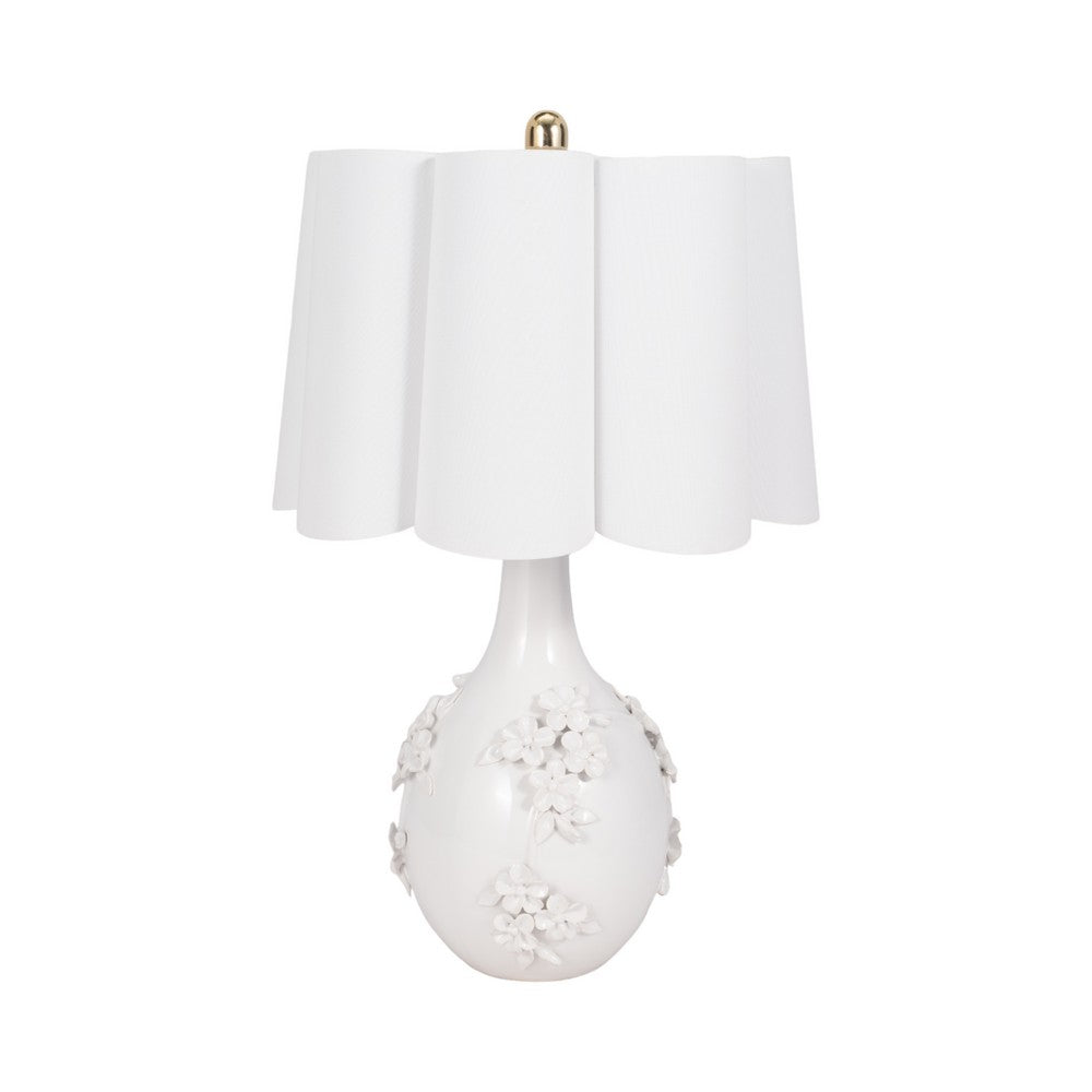 Table Lamp | Scalloped Shade | 25" Floral Applique Ivory Ceramic
