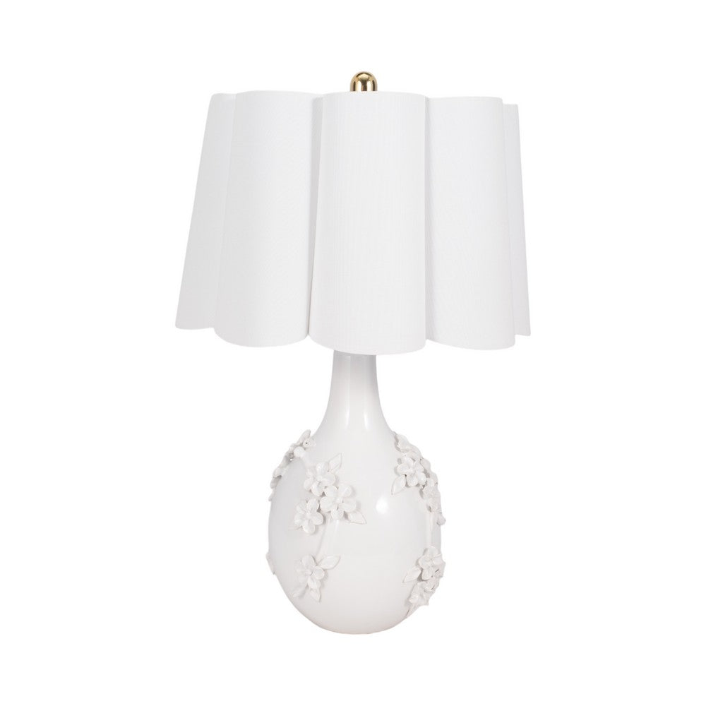 Table Lamp | Scalloped Shade | 25" Floral Applique Ivory Ceramic