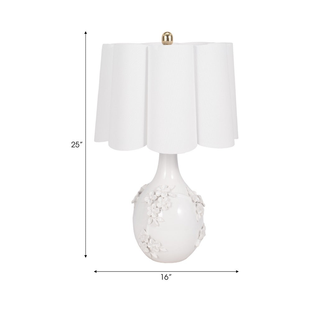 Table Lamp | Scalloped Shade | 25" Floral Applique Ivory Ceramic