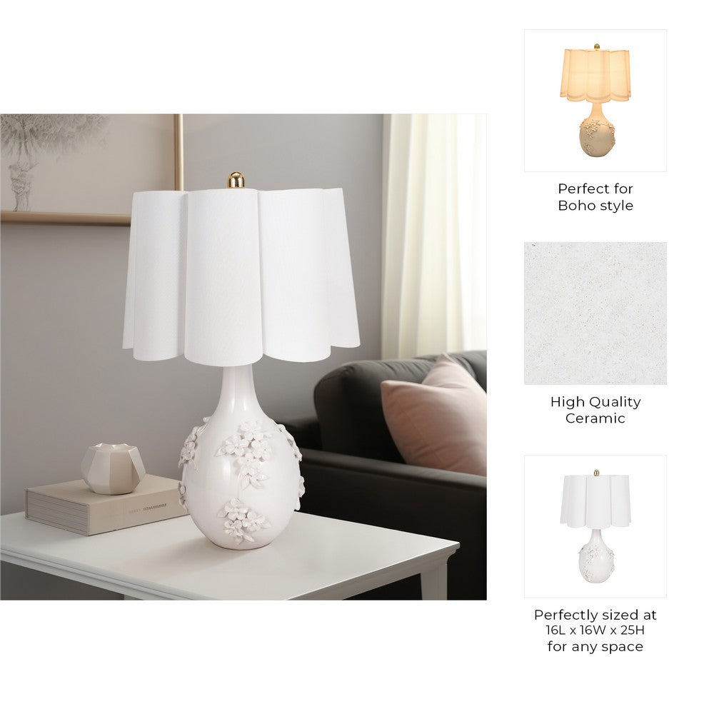 Table Lamp | Scalloped Shade | 25" Floral Applique Ivory Ceramic