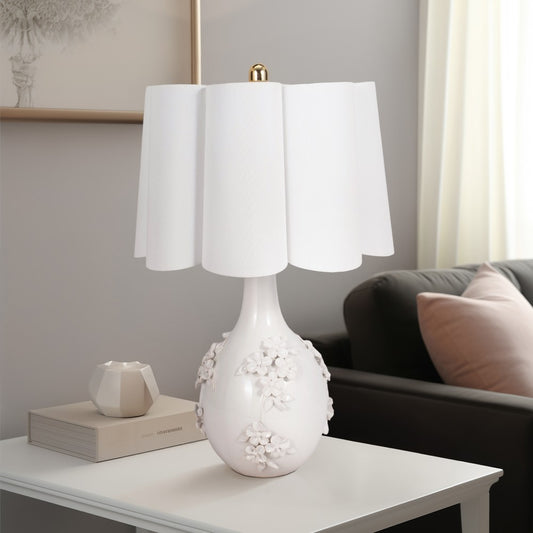 Table Lamp | Scalloped Shade | 25" Floral Applique Ivory Ceramic