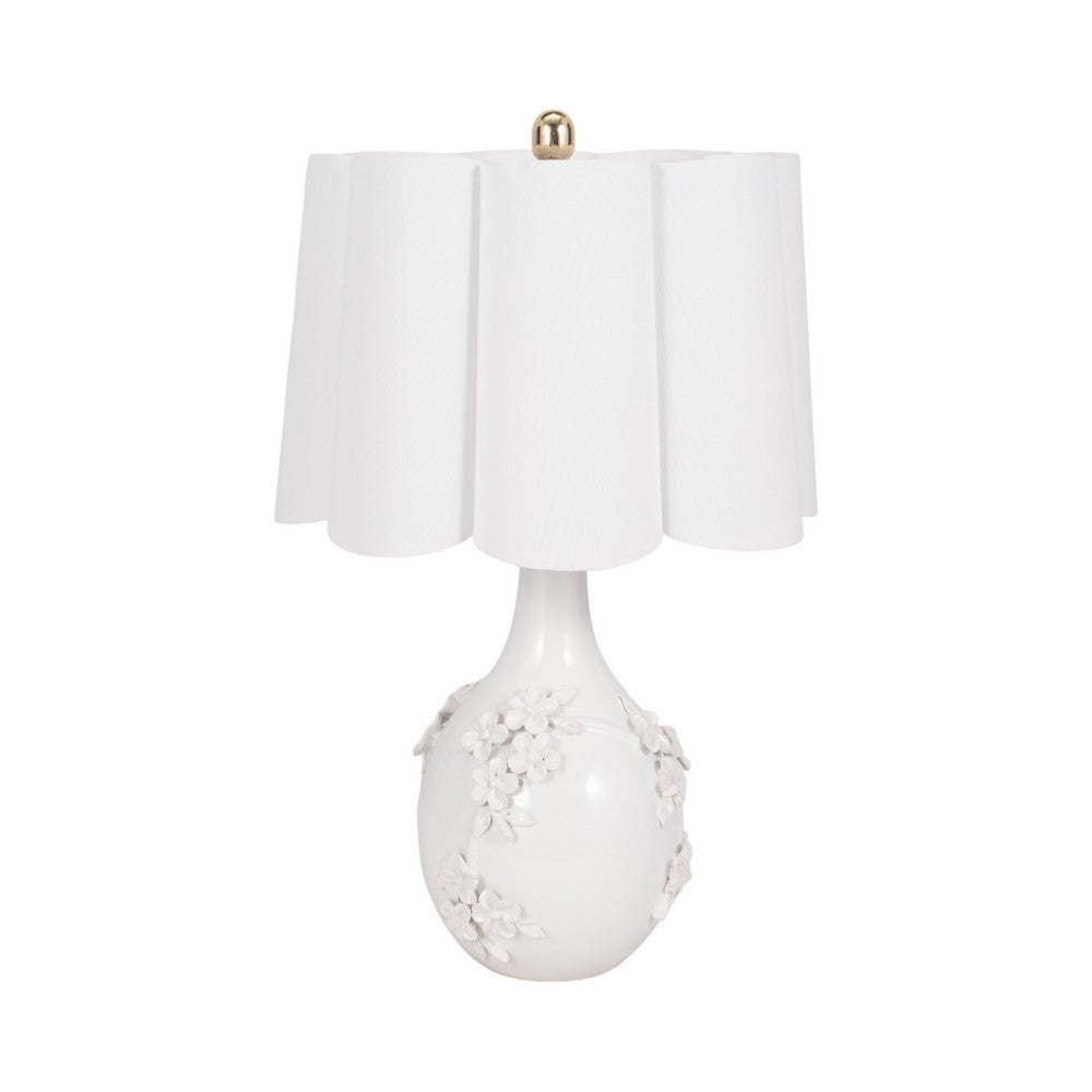 Table Lamp | Scalloped Shade | 25" Floral Applique Ivory Ceramic