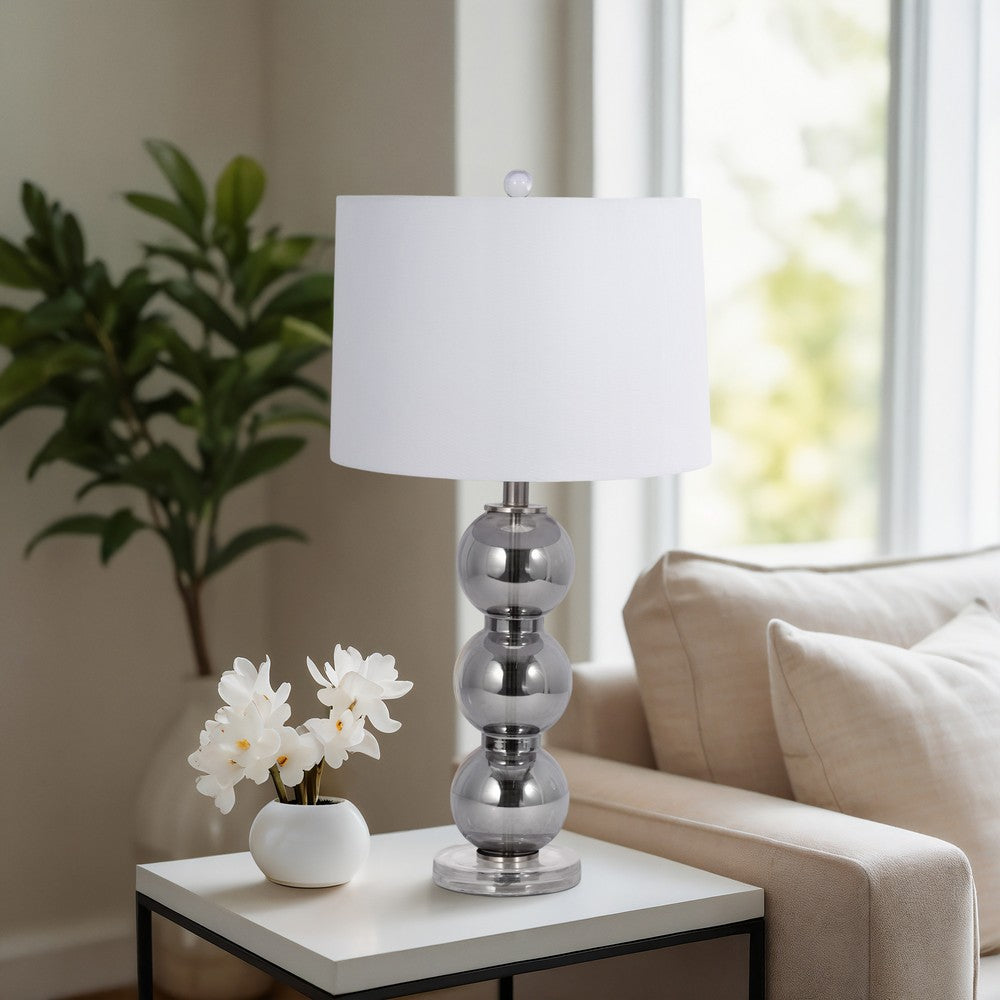 Table Lamp | Stacked Balls White Linen Shade | Gray Glass Crystal 16"