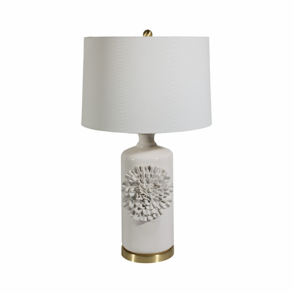 Decorative Table Lamp | Dahlia Flower Applique | Cream Ceramic 17"