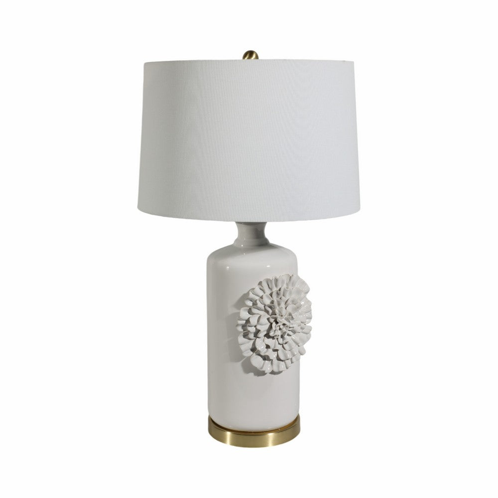 Decorative Table Lamp | Dahlia Flower Applique | Cream Ceramic 17"