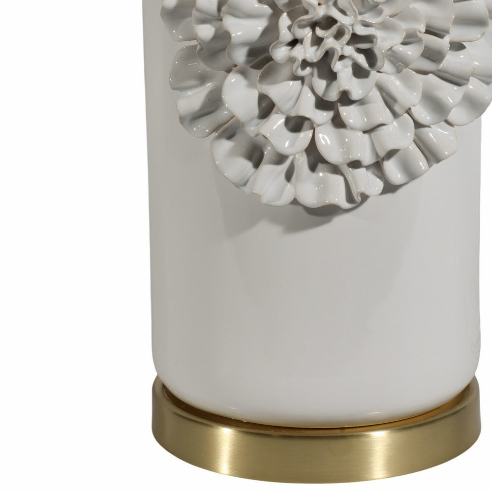 Decorative Table Lamp | Dahlia Flower Applique | Cream Ceramic 17"