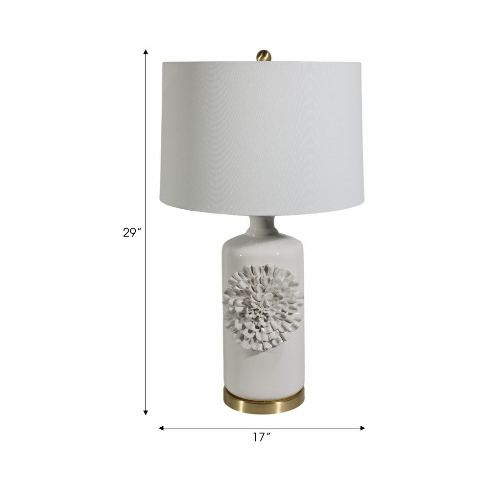 Decorative Table Lamp | Dahlia Flower Applique | Cream Ceramic 17"