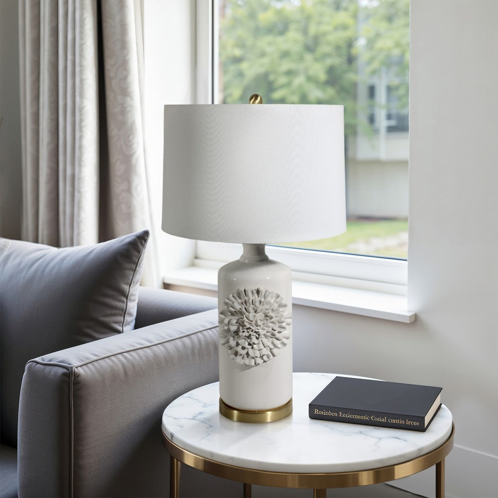 Decorative Table Lamp | Dahlia Flower Applique | Cream Ceramic 17"