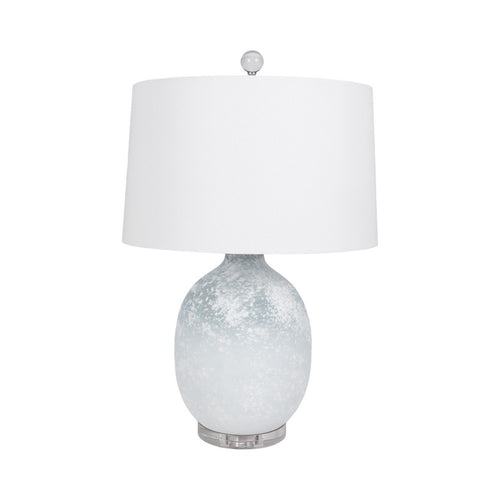 Table Lamp | 27" Sky Blue Glass Base with Wide White Linen Drum Shade