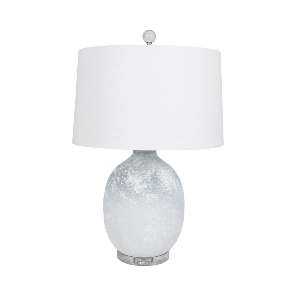 Table Lamp | 27" Sky Blue Glass Base with Wide White Linen Drum Shade