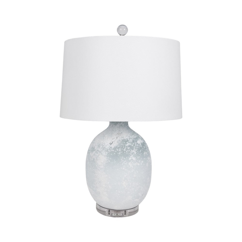 Table Lamp | 27" Sky Blue Glass Base with Wide White Linen Drum Shade