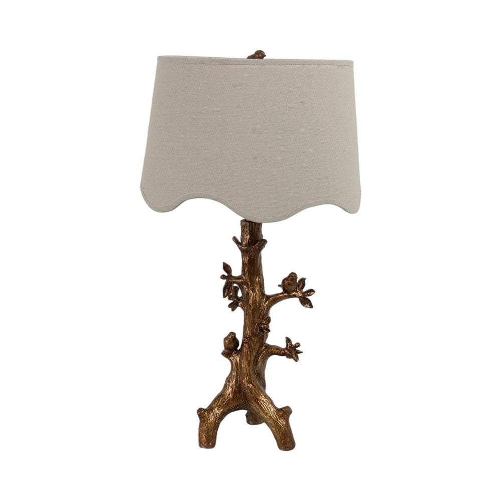 Accent Table Lamp | Perched Bird on Branch | Oatmeal Drum Shade | 28" Gold