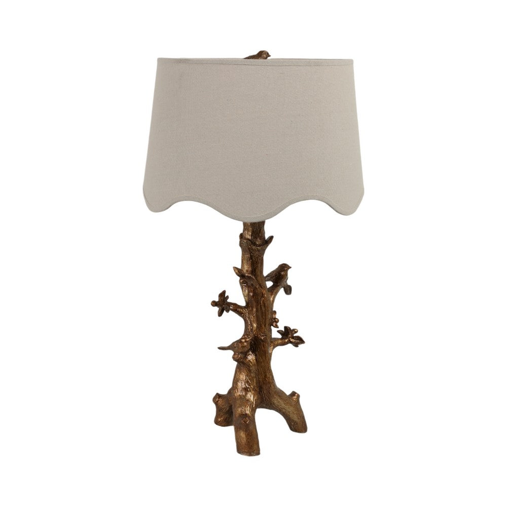 Accent Table Lamp | Perched Bird on Branch | Oatmeal Drum Shade | 28" Gold