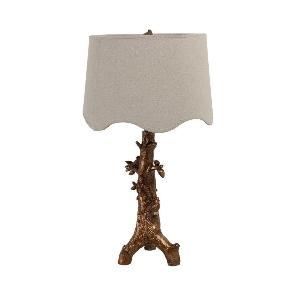 Accent Table Lamp | Perched Bird on Branch | Oatmeal Drum Shade | 28" Gold