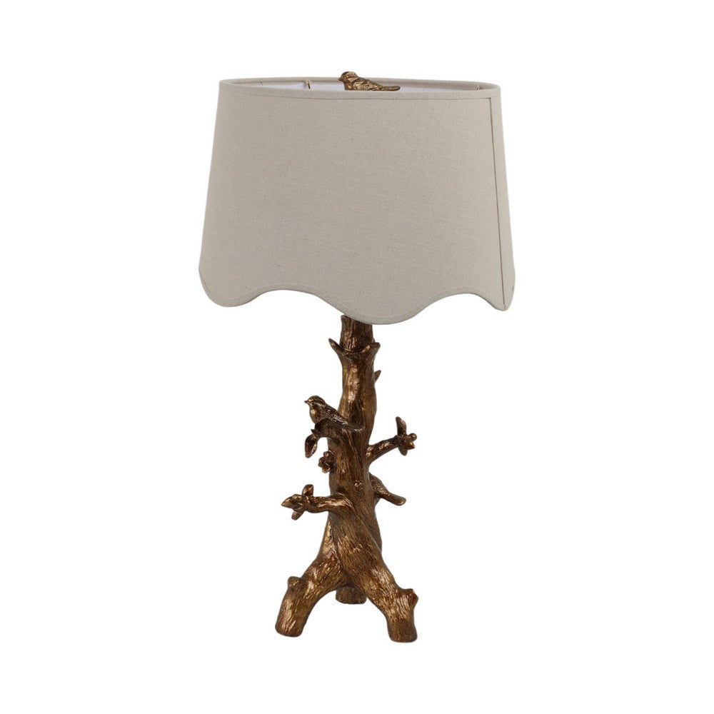 Accent Table Lamp | Perched Bird on Branch | Oatmeal Drum Shade | 28" Gold