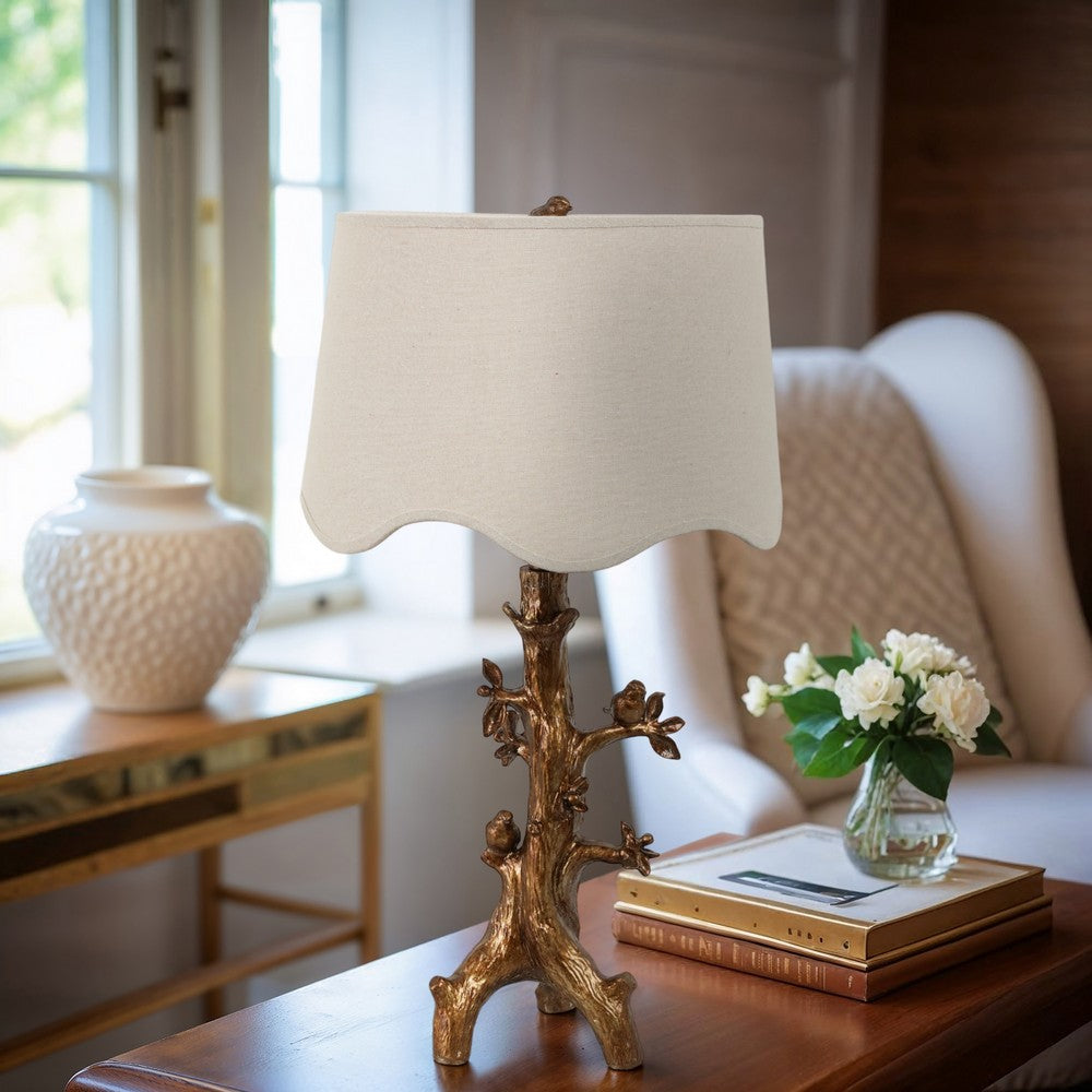 Accent Table Lamp | Perched Bird on Branch | Oatmeal Drum Shade | 28" Gold