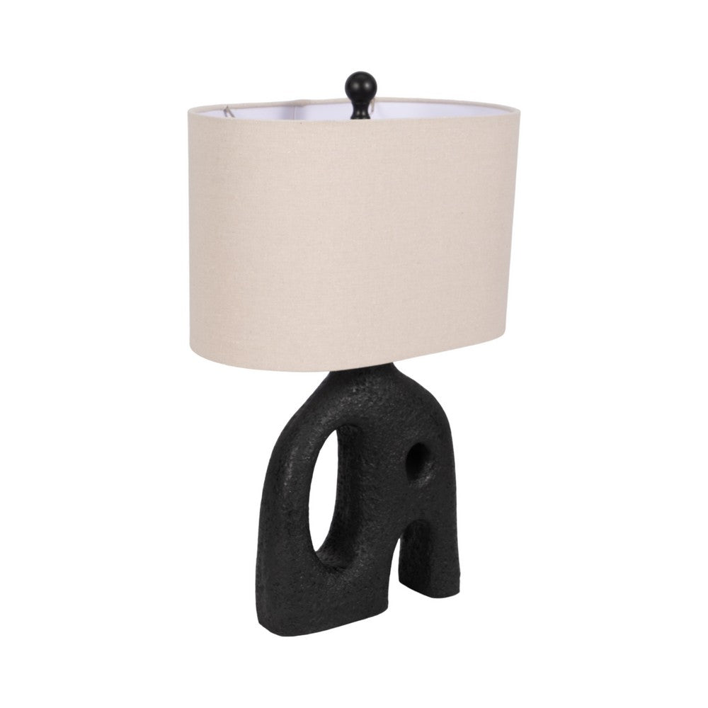 Table Lamp | Oatmeal Drum Shade | Sculpted Cutout Black Base | 21"