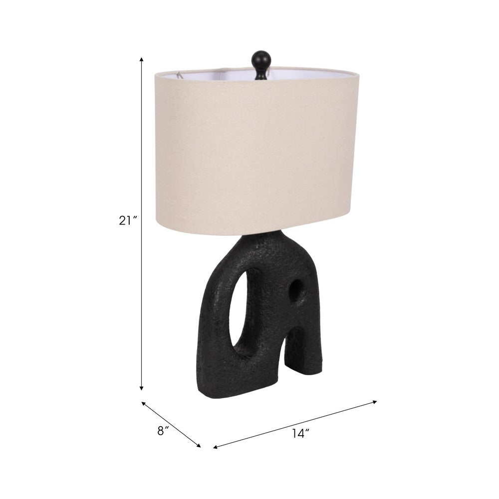 Table Lamp | Oatmeal Drum Shade | Sculpted Cutout Black Base | 21"