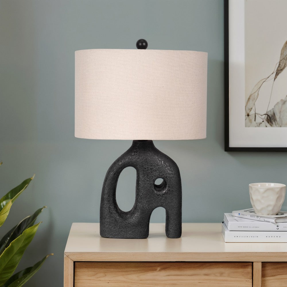 Table Lamp | Oatmeal Drum Shade | Sculpted Cutout Black Base | 21"