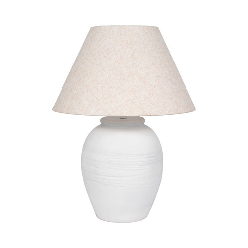 Table Lamp | Off White Linen Shade | Textured Concrete Jug Base | 27"