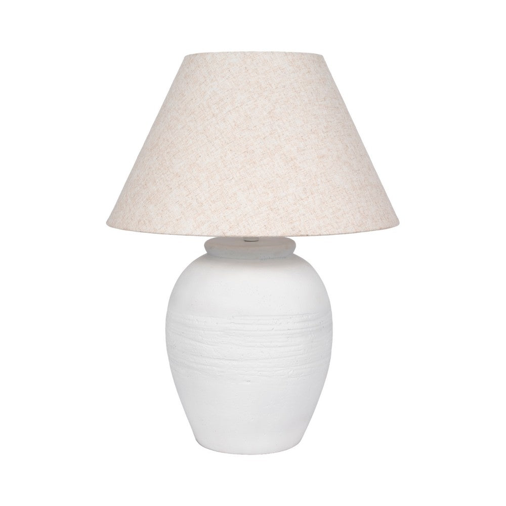 Table Lamp | Off White Linen Shade | Textured Concrete Jug Base | 27"