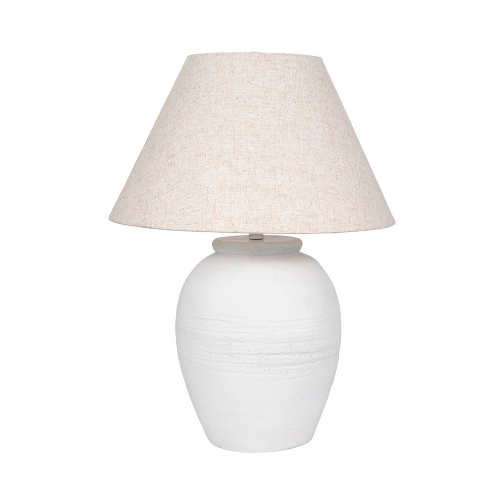 Table Lamp | Off White Linen Shade | Textured Concrete Jug Base | 27"