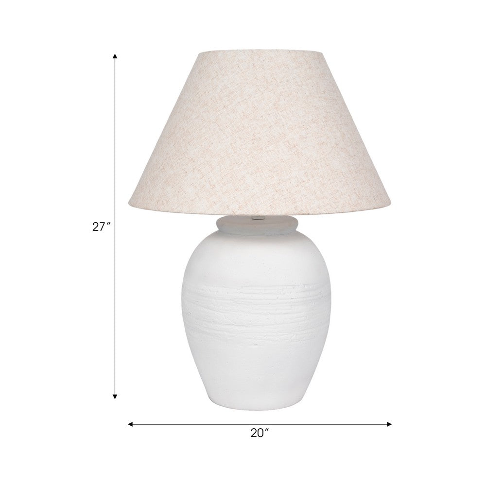 Table Lamp | Off White Linen Shade | Textured Concrete Jug Base | 27"