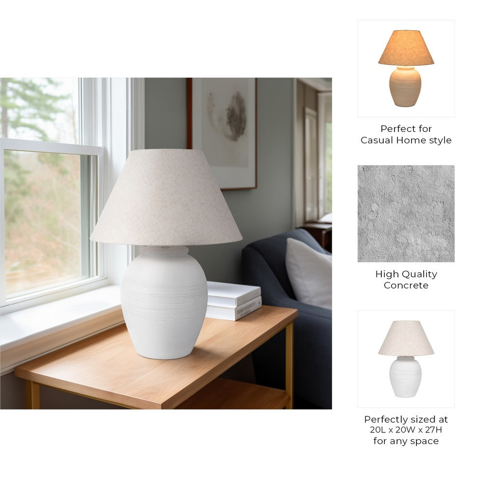 Table Lamp | Off White Linen Shade | Textured Concrete Jug Base | 27"