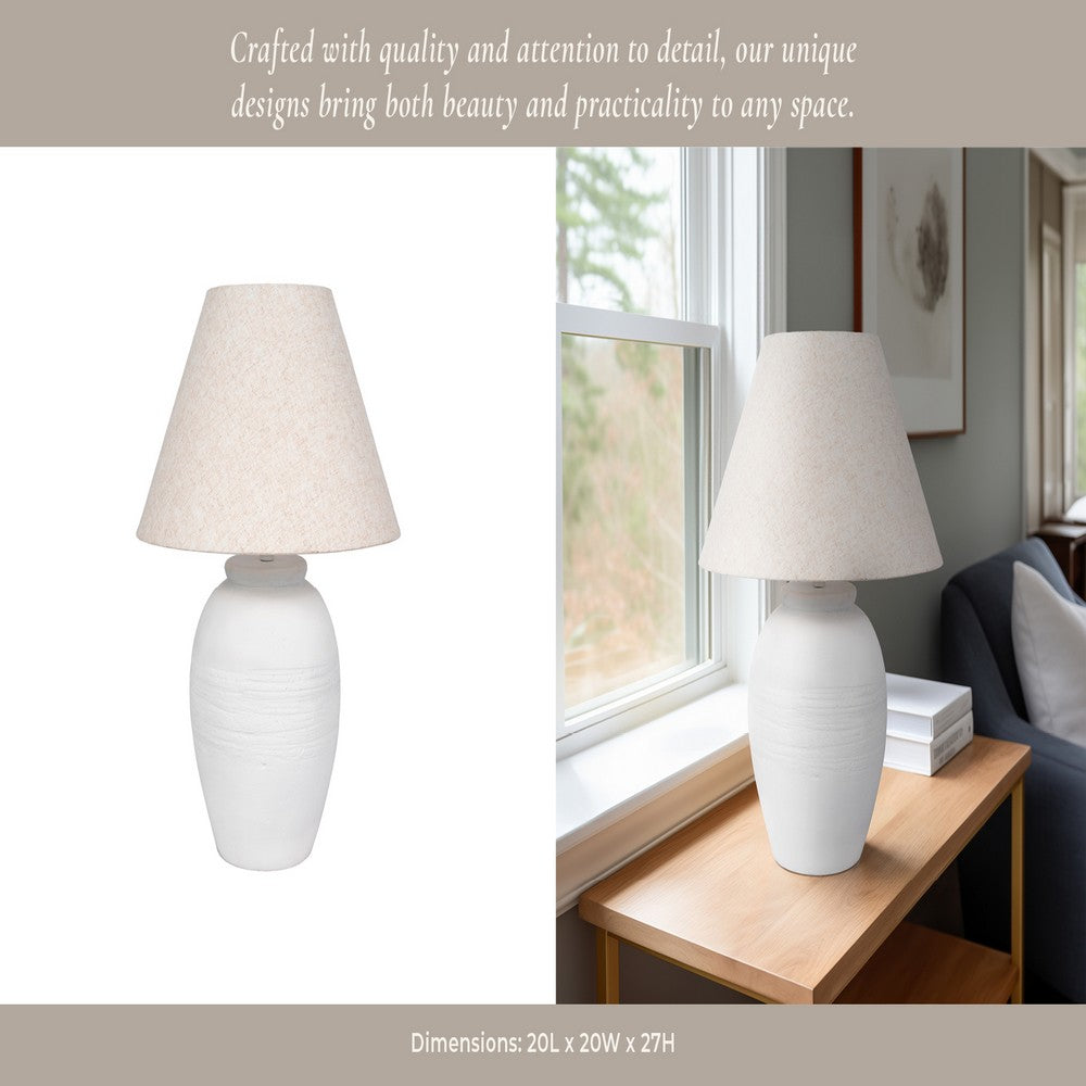 Table Lamp | Off White Linen Shade | Textured Concrete Jug Base | 27"