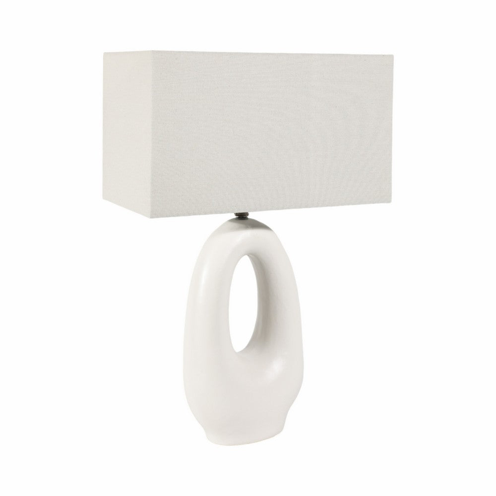 Table Lamp | Off White Linen Shade | Modern Art Cutout Ceramic Base | 27"