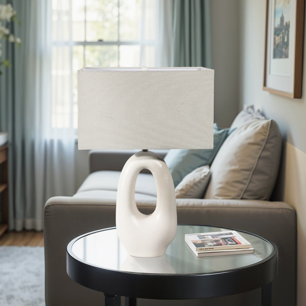 Table Lamp | Off White Linen Shade | Modern Art Cutout Ceramic Base | 27"