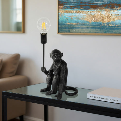 Decorative Monkey Table Lamp with Lightbulb | 20" | Black Texture Resin