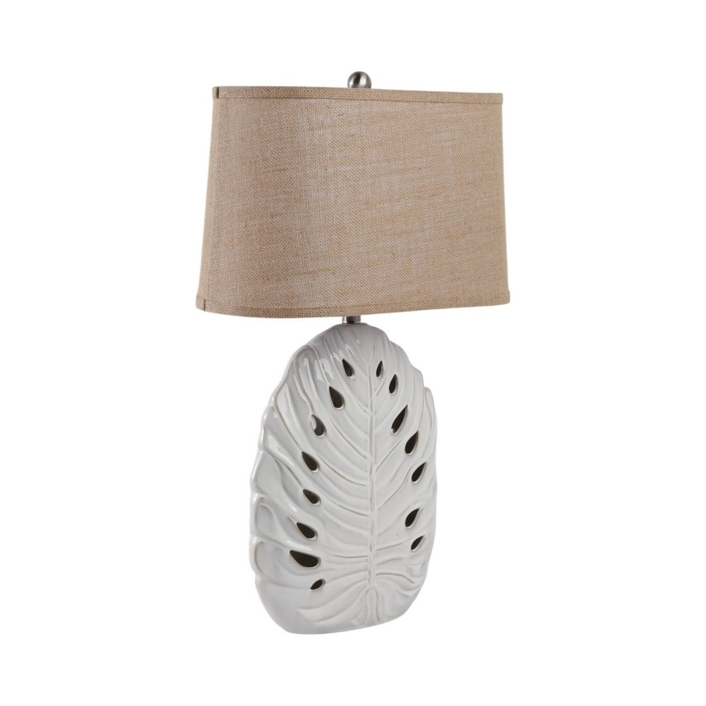 Table Lamp w Nightlight | Brown Burlap Shade | Pierced Leaf Ceramic Base