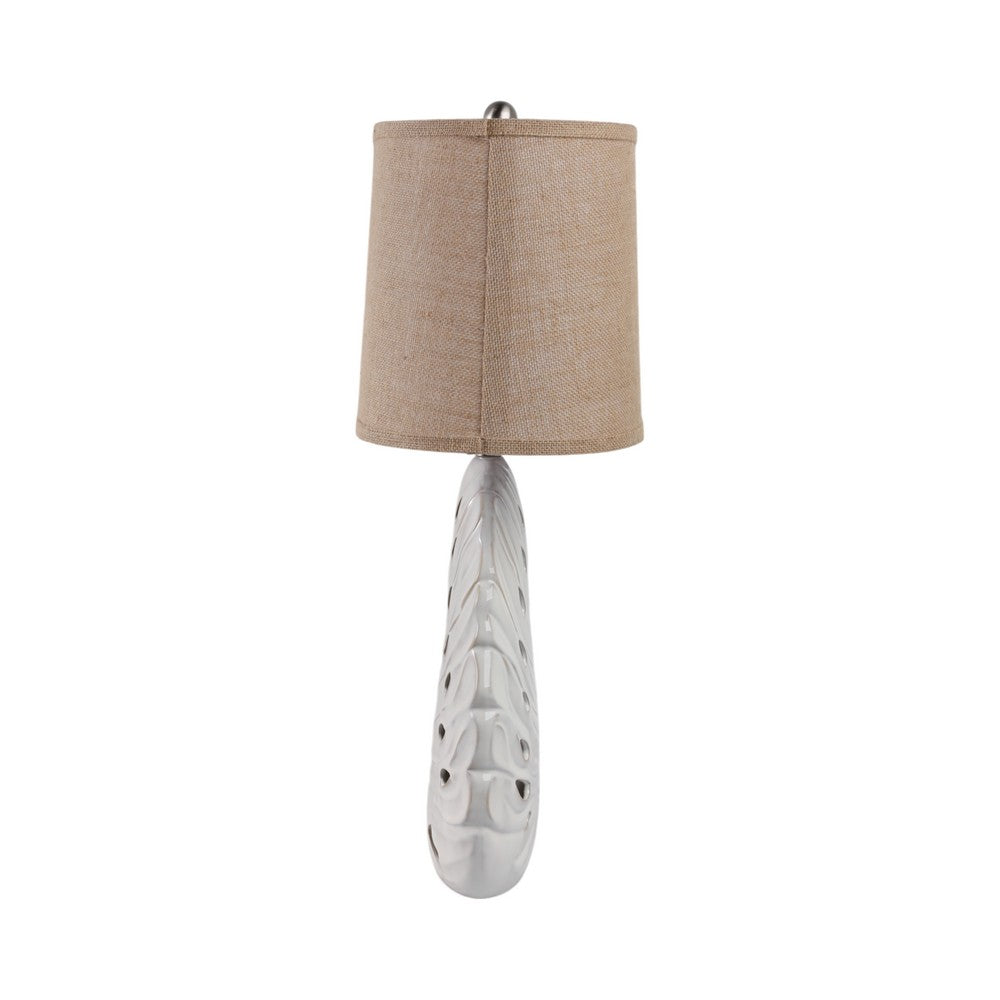 Table Lamp w Nightlight | Brown Burlap Shade | Pierced Leaf Ceramic Base
