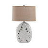 Table Lamp w Nightlight | Brown Burlap Shade | Pierced Leaf Ceramic Base