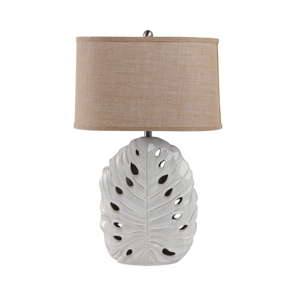 Table Lamp w Nightlight | Brown Burlap Shade | Pierced Leaf Ceramic Base