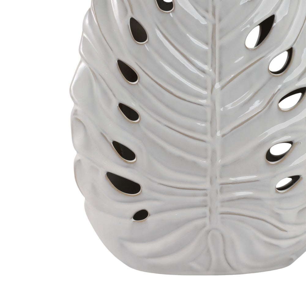 Table Lamp w Nightlight | Brown Burlap Shade | Pierced Leaf Ceramic Base