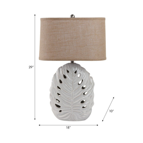 Table Lamp w Nightlight | Brown Burlap Shade | Pierced Leaf Ceramic Base