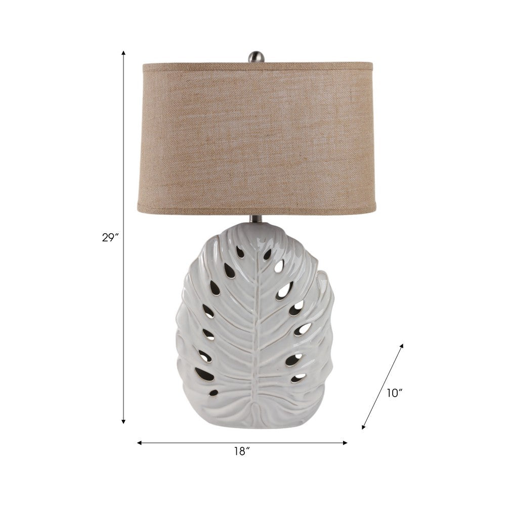 Table Lamp w Nightlight | Brown Burlap Shade | Pierced Leaf Ceramic Base