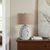 Table Lamp w Nightlight | Brown Burlap Shade | Pierced Leaf Ceramic Base